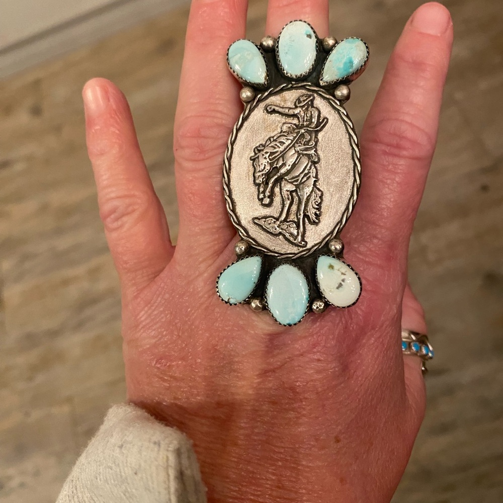 Native made. Stamped. Turquoise Stone Statement Ring with Western Motif
